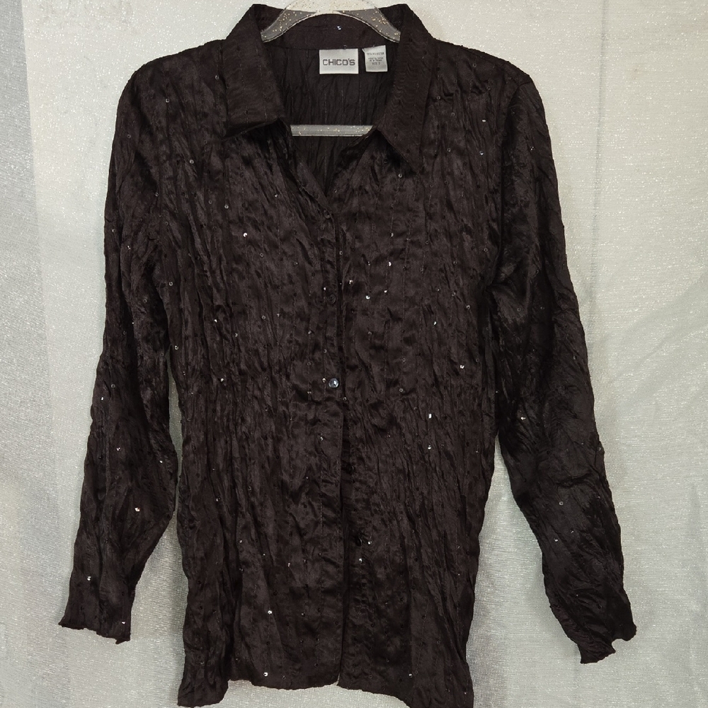 Chico's Dark Satin Textured Sequin Shirt
